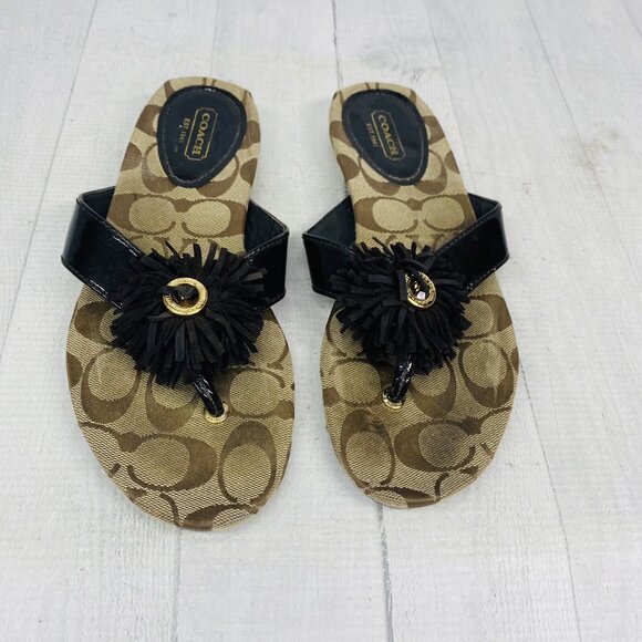 Coach Woman SUKI Leather Brown Khaki Logo Fringe Flower Flat Slide Sandals Sz 7 - Picture 8 of 14